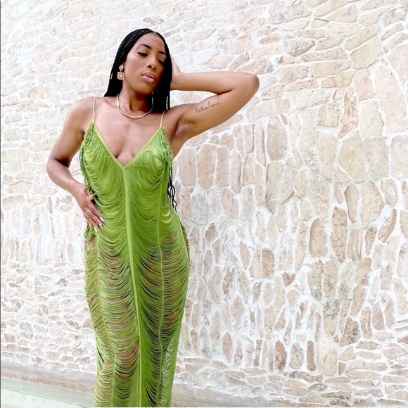Olive Fringe Detail Midaxi Dress 